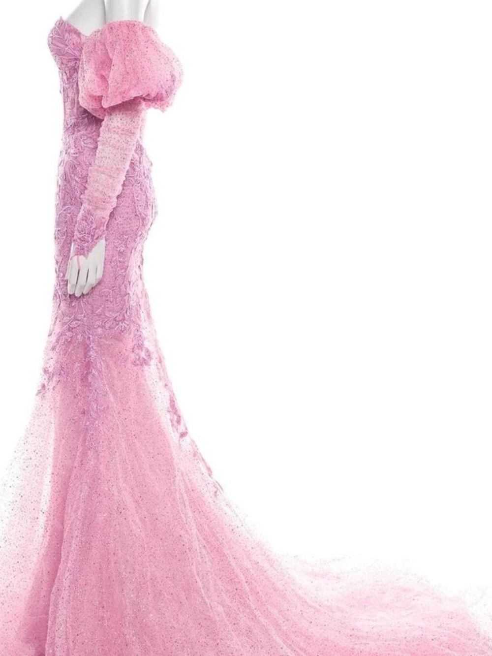 Portia and scarlet pink lace glitter mermaid style prom / ball dress with gloves - Picture 2 of 3